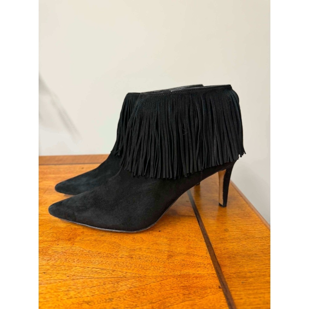Sam Edelman Black Suede Fringe Ankle Boots Pointed‎ Toe Stiletto Heel Size 9